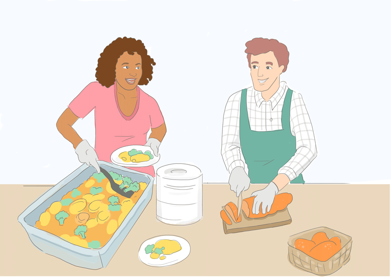 Eine Frau gibt Essen aus, ein Mann schneidet Brot. Bild: © Inkl. Design