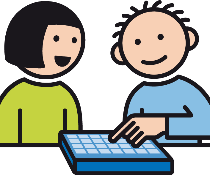 Eine Frau und ein Mann reden miteinander. Der Mann benutzt einen Sprachcomputer, Bild: METACOM-SYMBOLE ©Annette Kitzinger