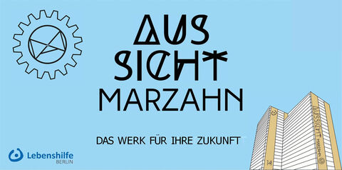 Logo AusSicht MArzah mit dem Schriftzug des Projekts und einem Hochhaus. 
