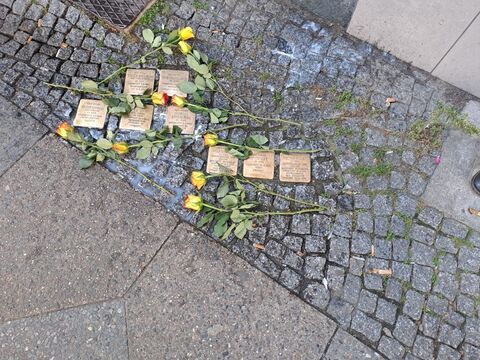 Geputzte Stolpersteine mit gelben Rosen in Neukoelln. Geputzte Stolpersteine mit gelben Rosen in Neukoelln.