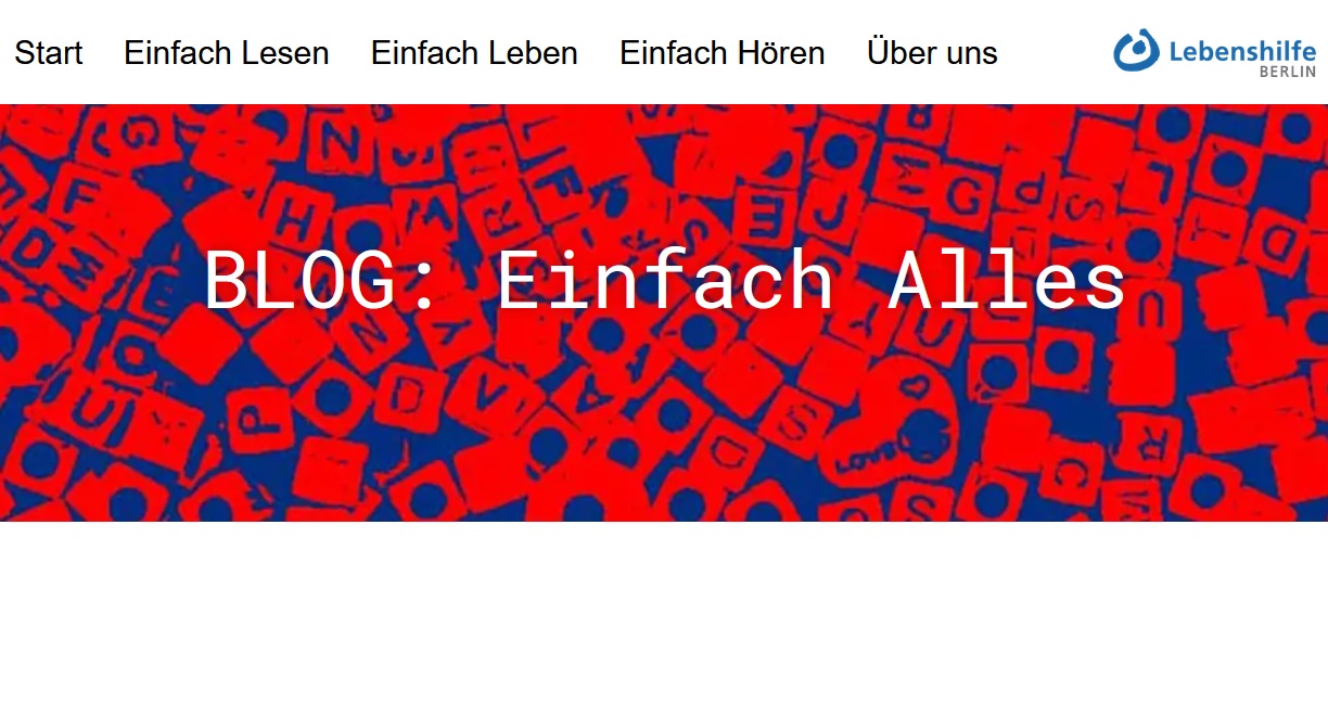Das Bild zeigt die Startseite von www.leichte-sprache.berlin mit den verschiedenen Rubriken des Blogs. 