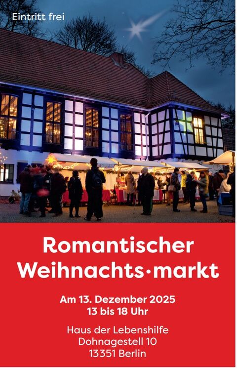 Einladung Weihnachtsmarkt der Lebenshilfe Berlin mit einem Foto vom beleuchteten Haus der Lebenshilfe und Infos zu Ort und Zeit.